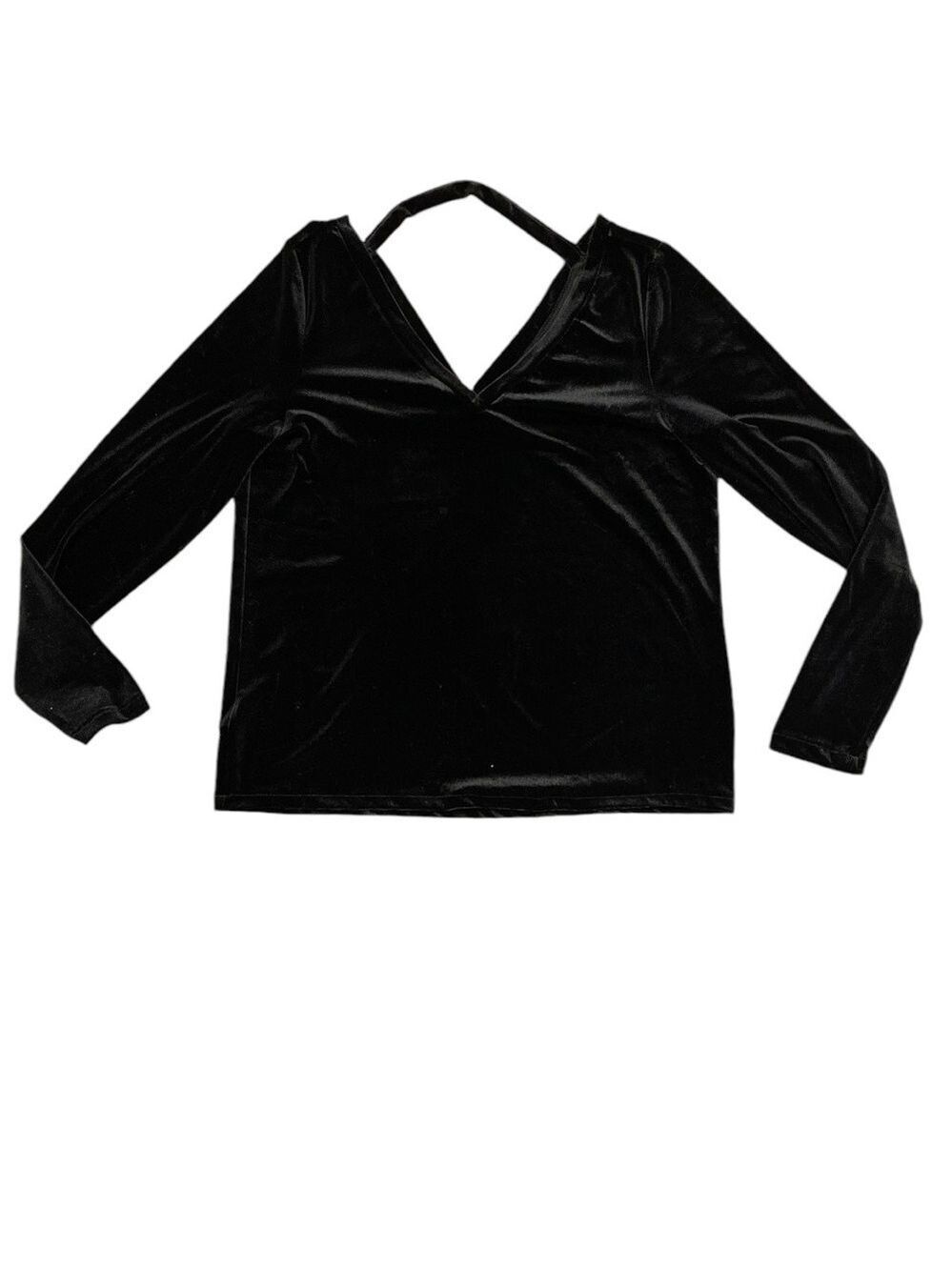LONG TALL SALLY L black stretch velour V neck/back top with back band